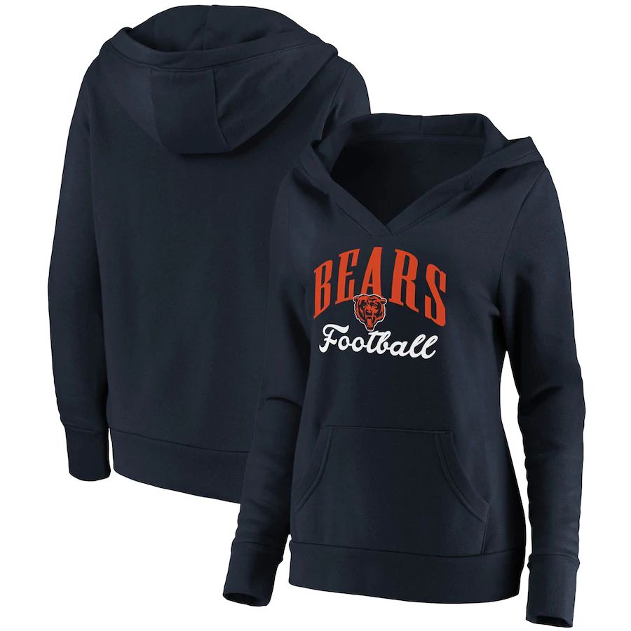 Women Chicago Bears NFL Pro Line by Fanatics Branded Navy Team Victory Script Crossover V-Neck Pullover Hoodie->women nfl jersey->Women Jersey